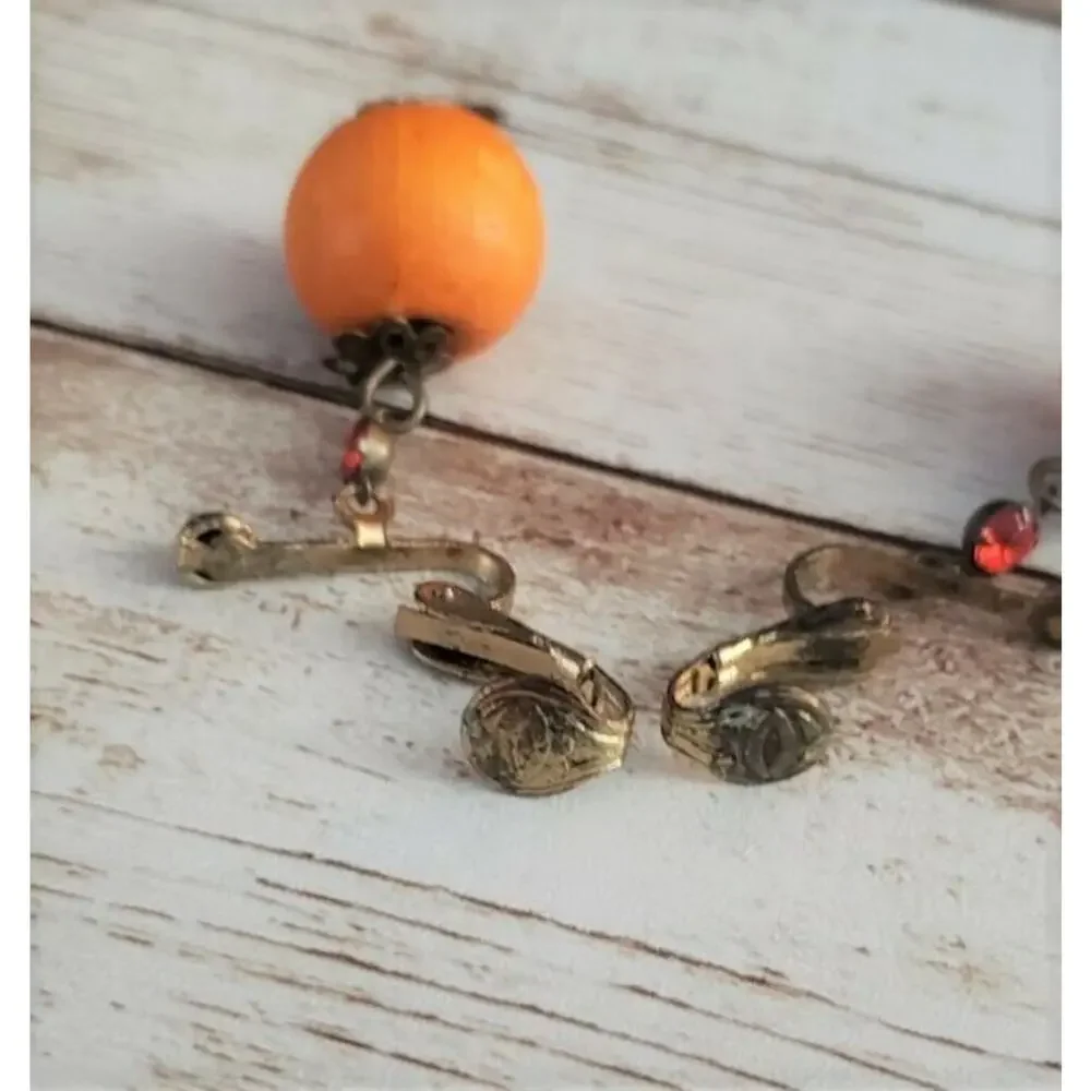 Vintage Clip On Earrings Orange with Red Gem Dangle